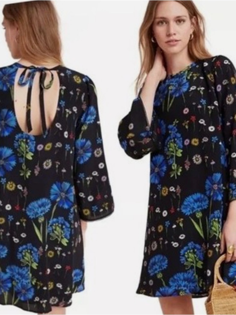 Maeve Lucinda Floral Tie-Back Shift Dress in Black and Blue S